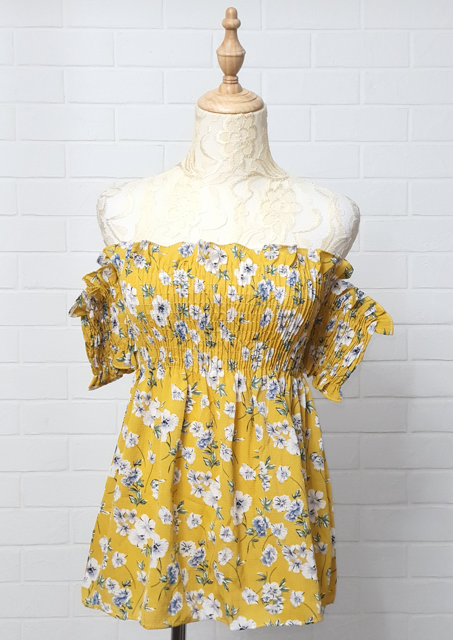 Mustard Floral Babydoll Off Shoulder Top (Short Sleeves)